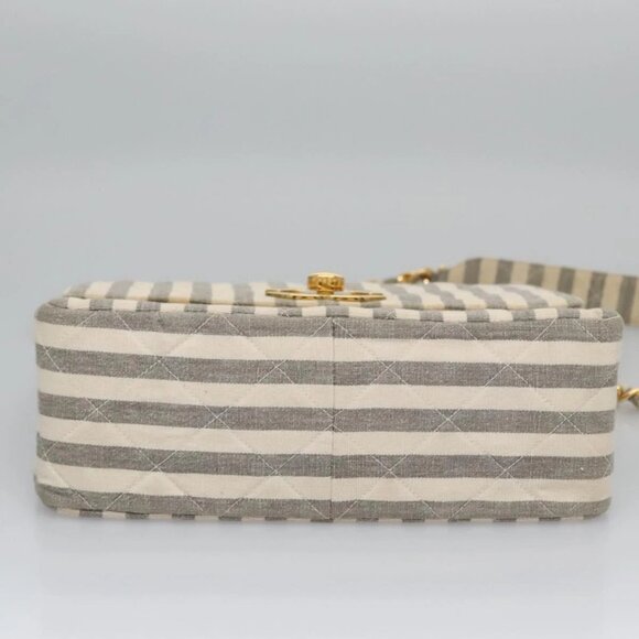 CHANEL Striped Matelasse Chain Shoulder Bag Canvas White Gray CC Auth 110304AV - Picture 6 of 16